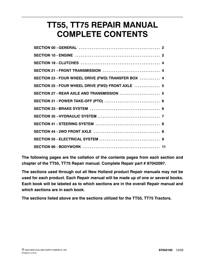 tt55 tt75 repair manual complete contents