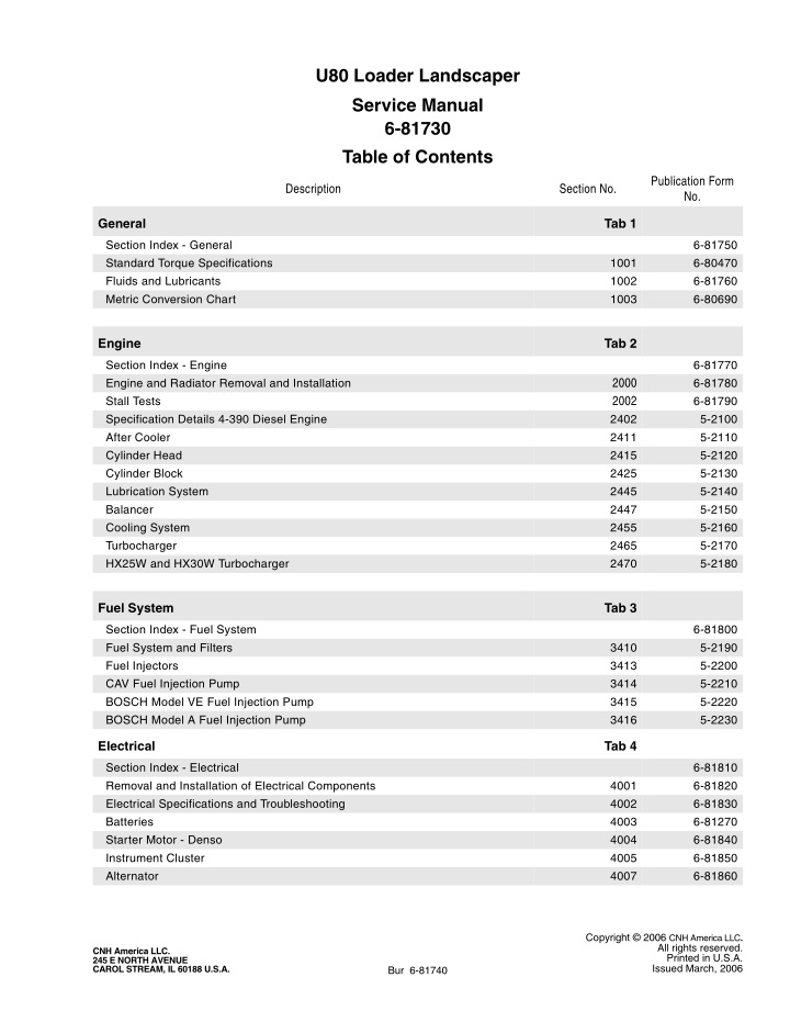 u80 loader landscaper service manual 6 81730