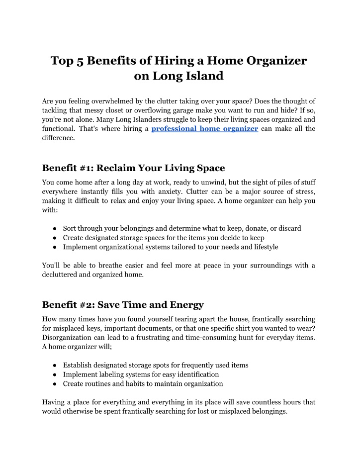 top 5 benefits of hiring a home organizer on long