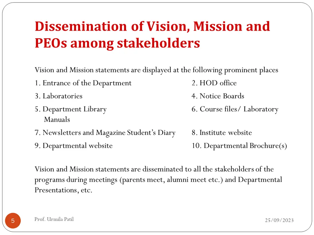 dissemination of vision mission and peos among